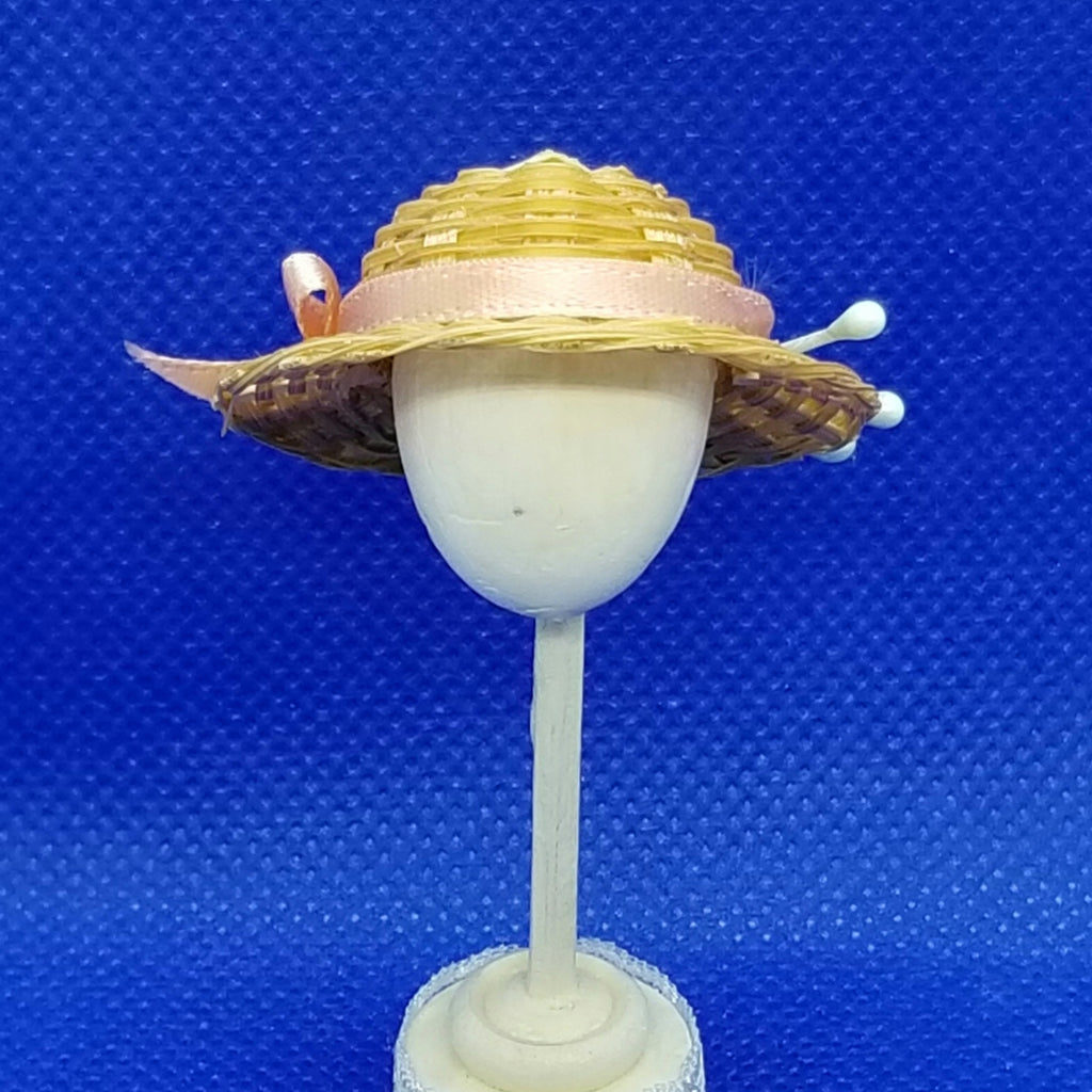1/12 Scale Hat - Woven Straw Hat with Peach Ribbon Hat Band and Matching Roses Front View Freedom Miniatures
