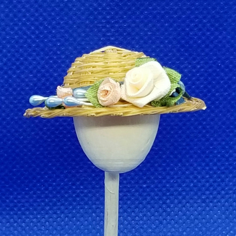 1/12 Scale Hat - Woven Straw Hat with Teal Ribbon Hat Band and Coordinating Roses Front View Freedom Miniatures