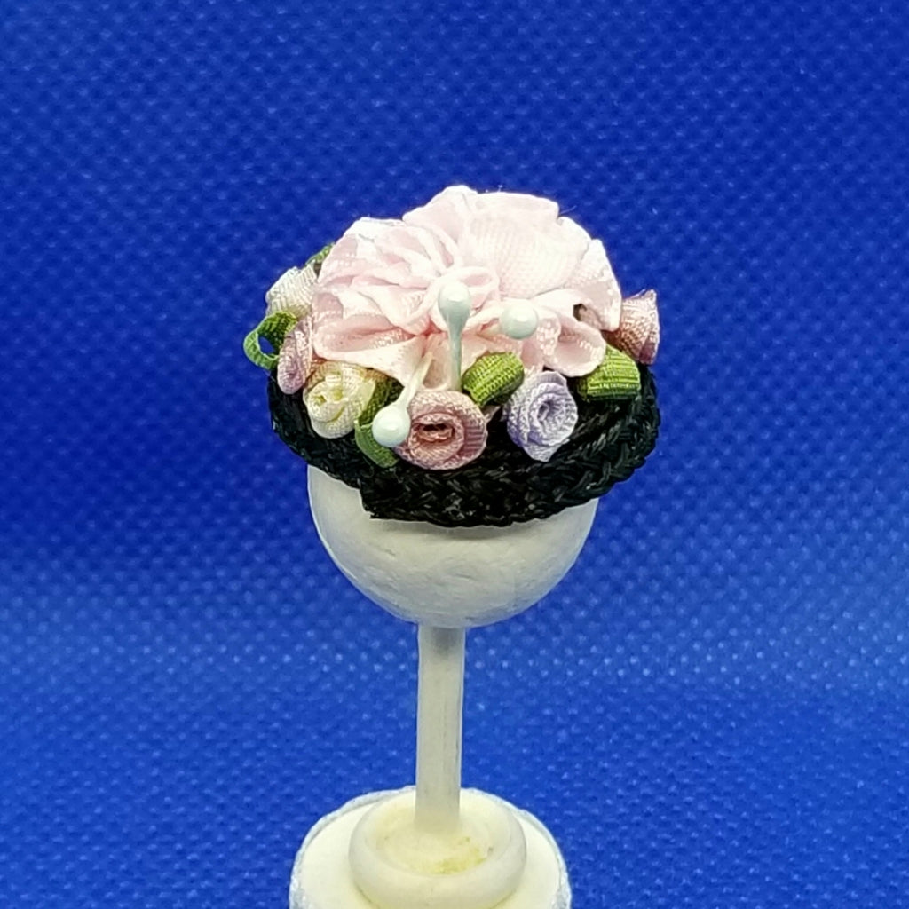 1/12 Scale Hat - Black Braided Straw Hat with Pink Ruffles and Assorted Roses Freedom Miniatures