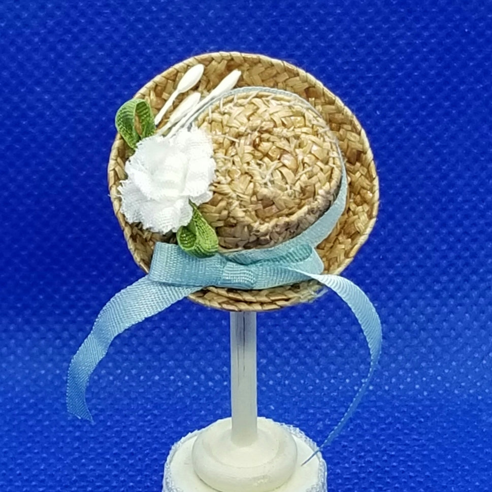 1/12 Scale Hat - Straw Kettle Brim with Blue Hat Band Back View Freedom Miniatures