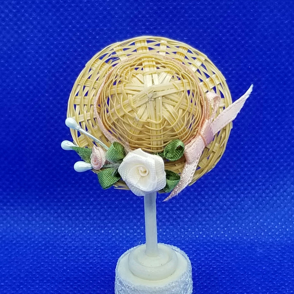 1/12 Scale Hat - Woven Straw Hat with Peach Ribbon Hat Band and Matching Roses Back View Freedom Miniatures