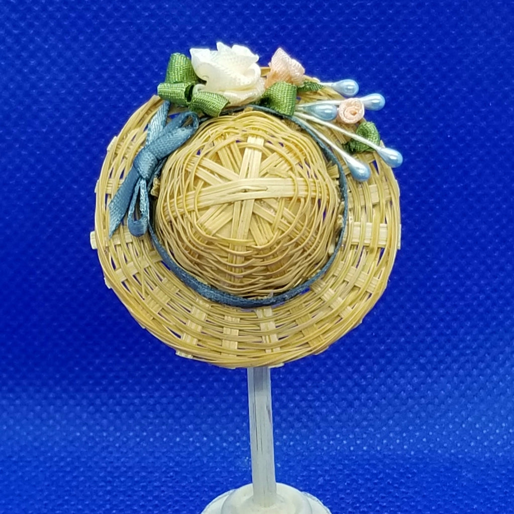 1/12 Scale Hat - Woven Straw Hat with Teal Ribbon Hat Band and Coordinating Roses Back View Freedom miniatures