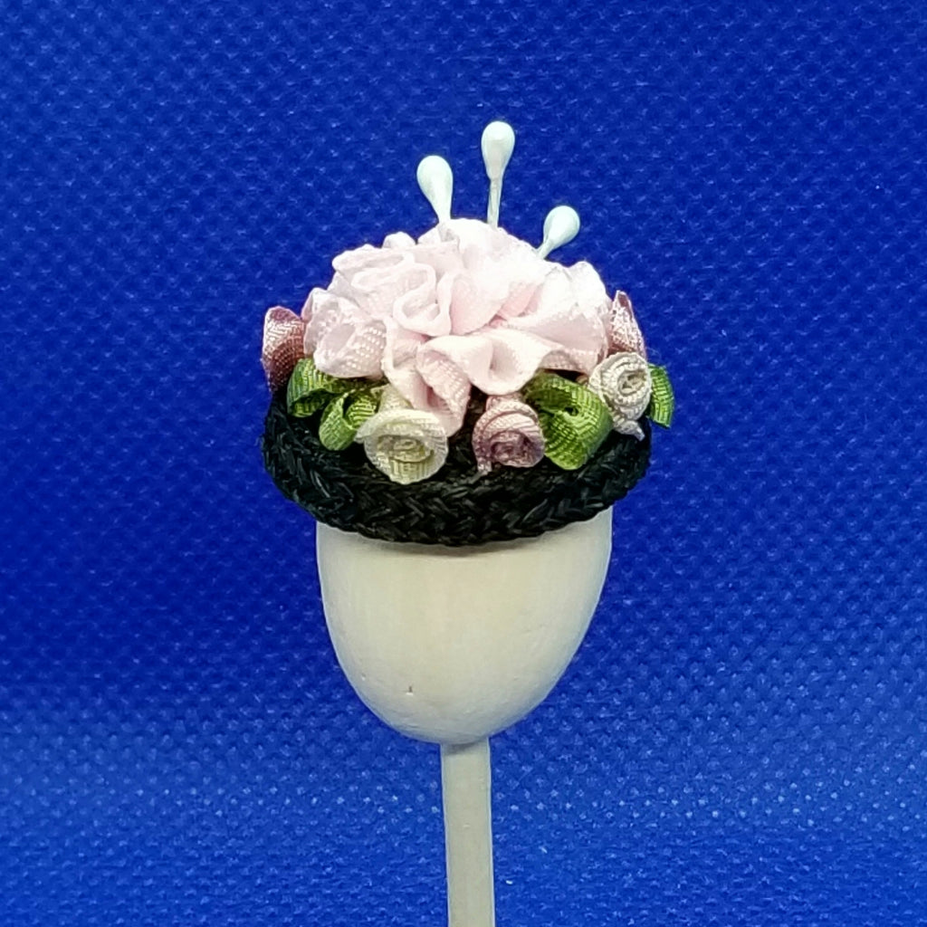 1/12 Scale Hat - Black Braided Straw Hat with Pink Ruffles and Assorted Roses Freedom Miniatures