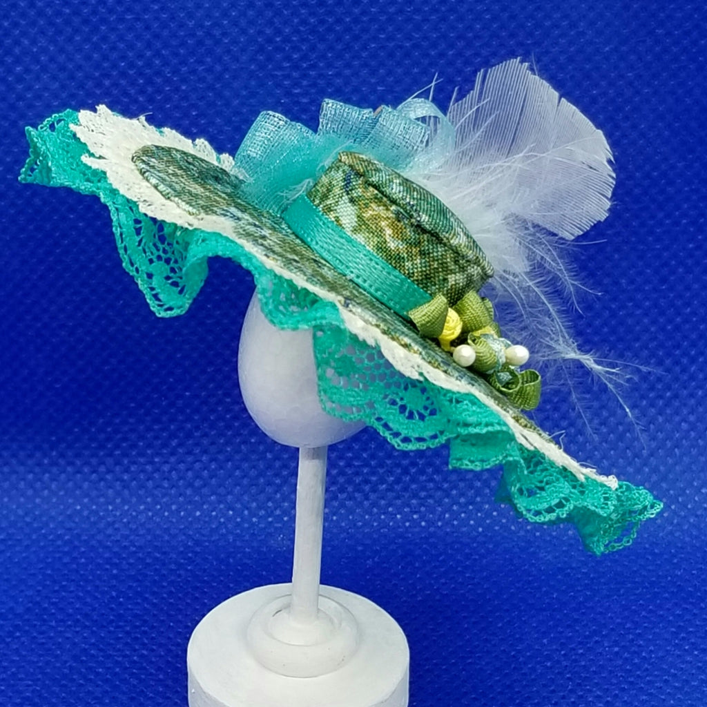 1/12 Scale Hat - Grand Derby Hat with Lace Trim, Feathers and Floral Fabric Freedom Miniatures