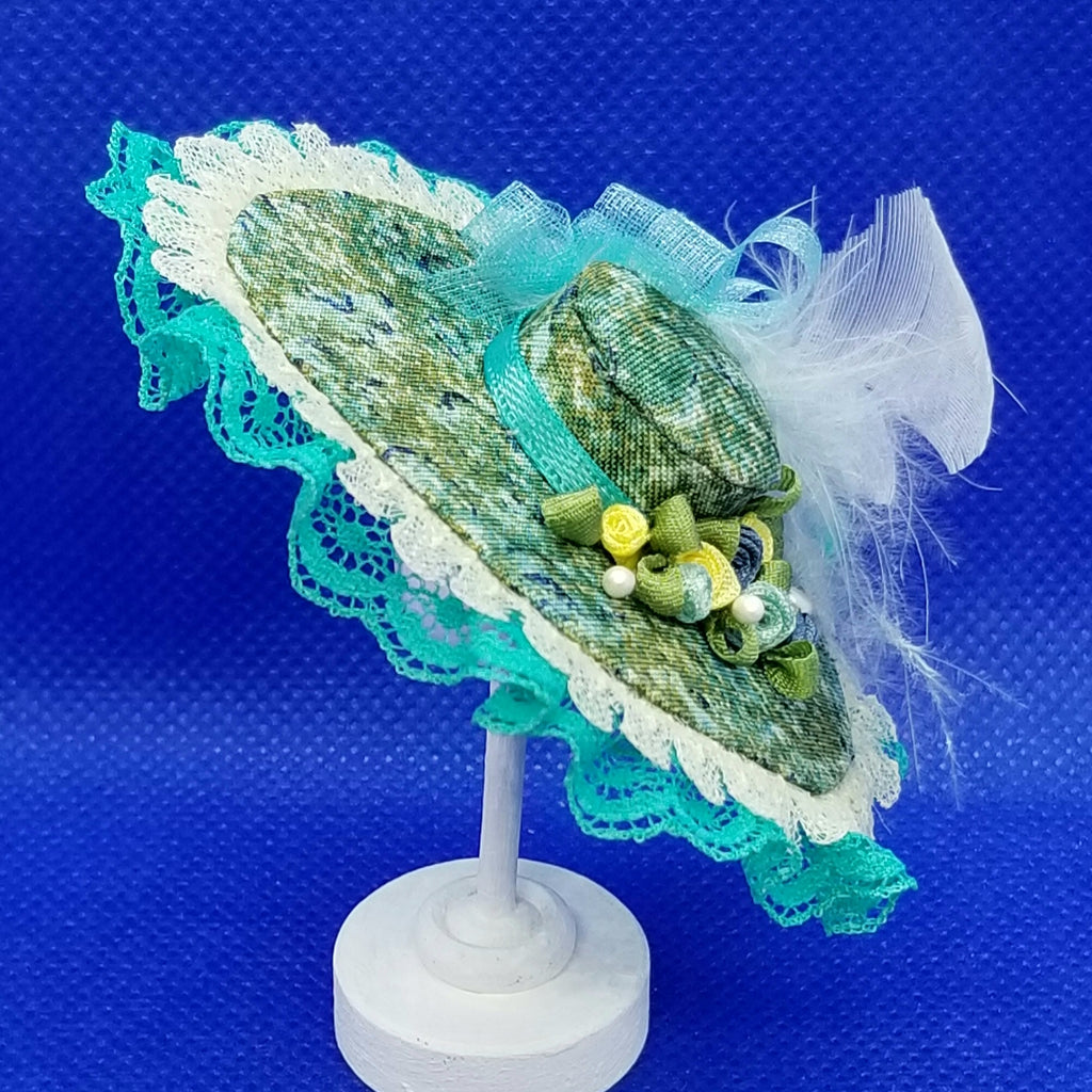 1/12 Scale Hat - Grand Derby Hat with Lace Trim, Feathers and Floral Fabric Freedom Miniatures Side View