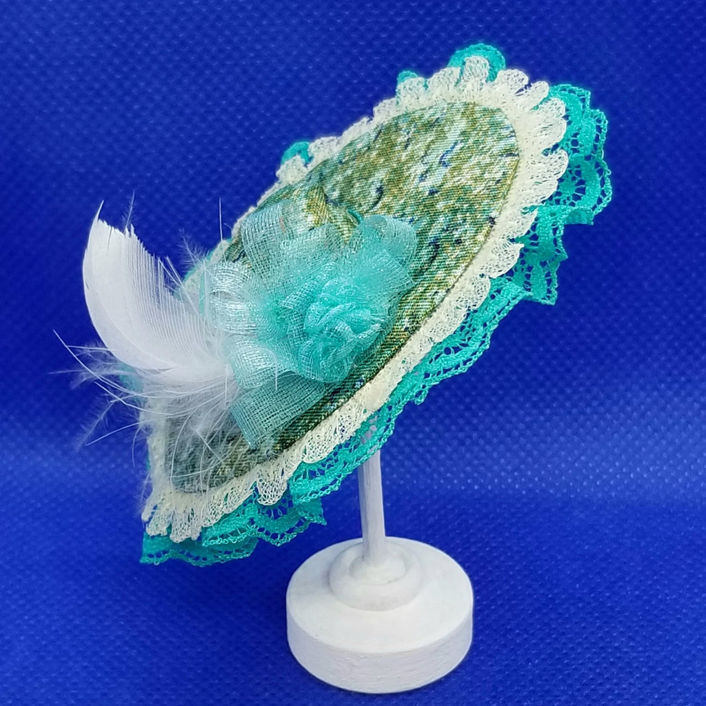 1/12 Scale Hat - Grand Derby Hat with Lace Trim, Feathers and Floral Fabric Freedom Miniatures Back View